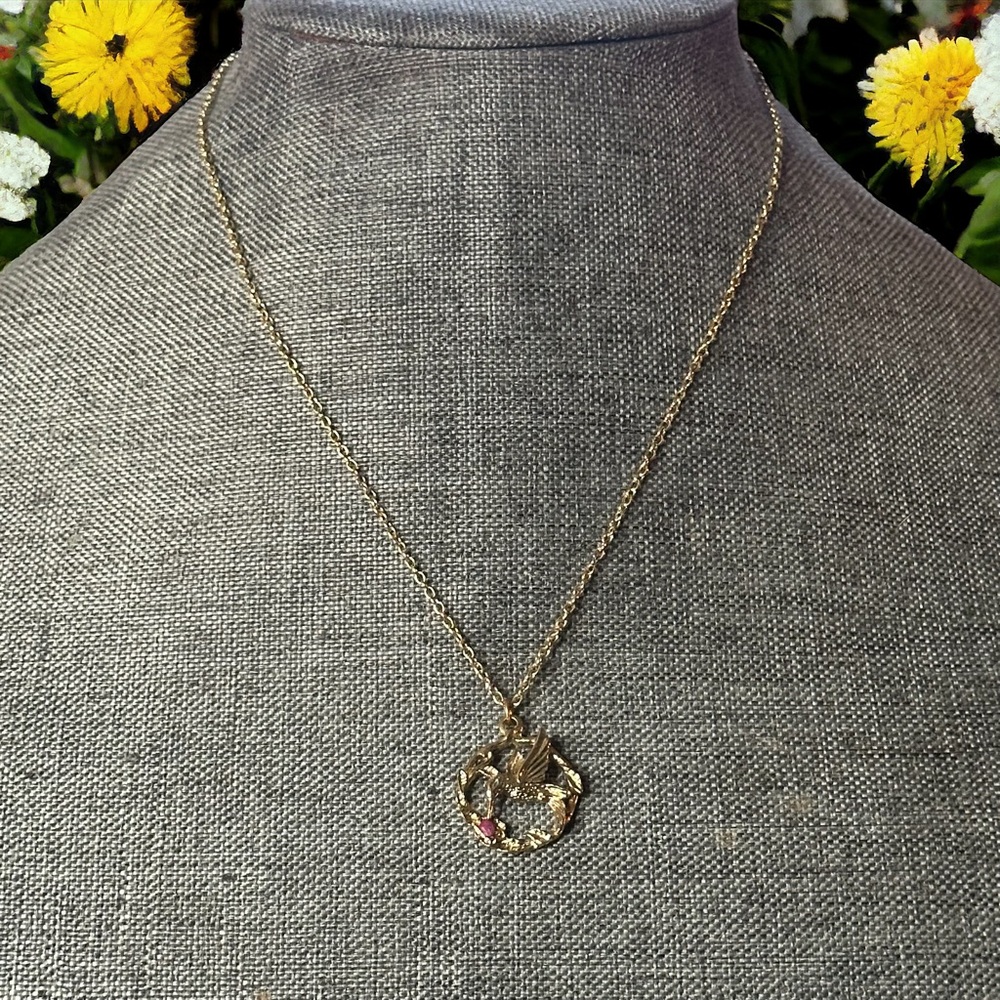 Vintage JJI signed hummingbird and ruby pendant necklace